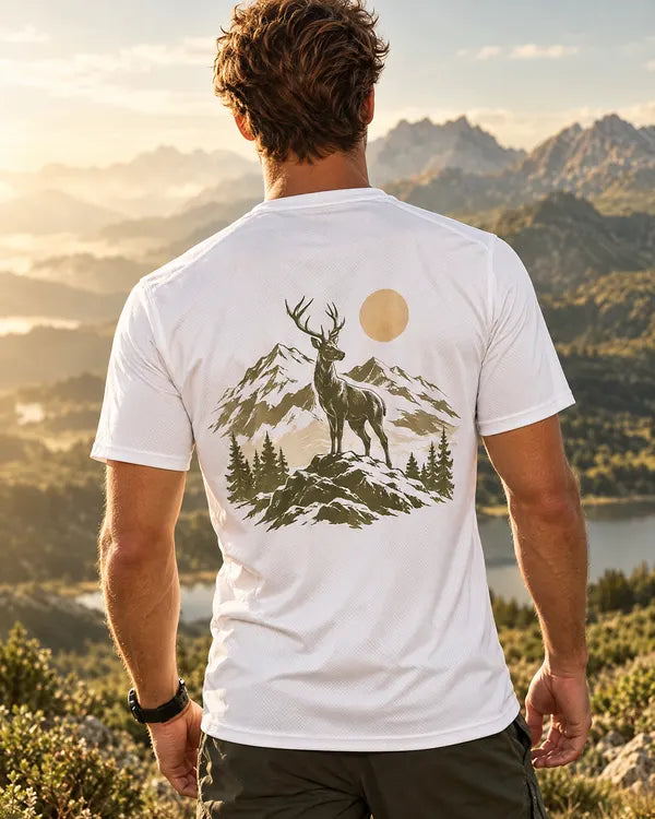 T-shirt blanc, cerf et sommets (nature)