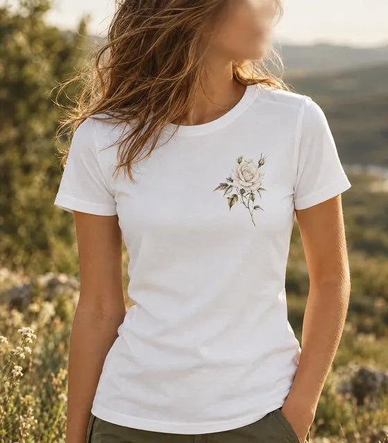 Exemple de création : T-shirt blanc avec une fleur dessinée (visuel d’illustration)
