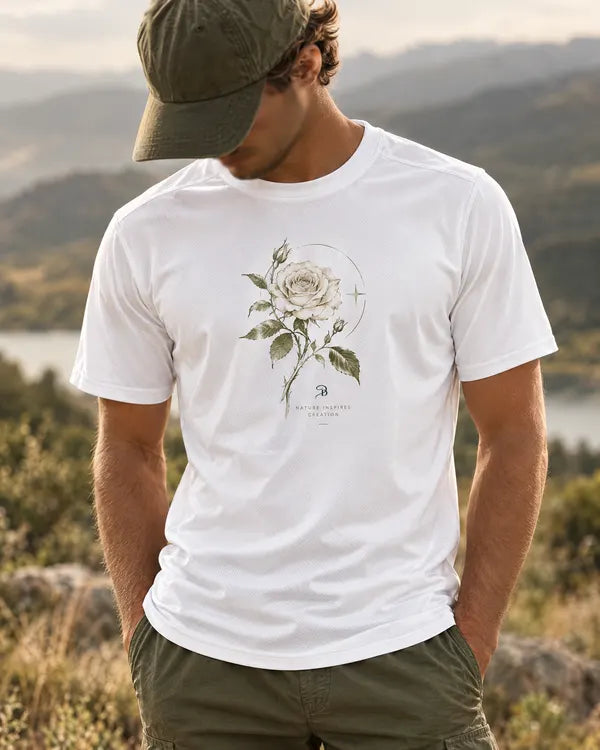 T-shirt blanc, montagne au trait (minimaliste)