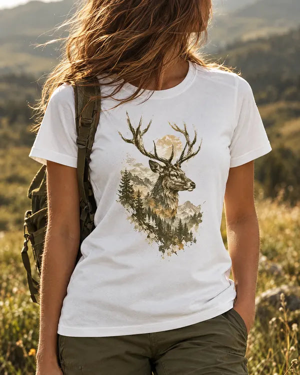 T-shirt blanc, tête de cerf (réaliste)