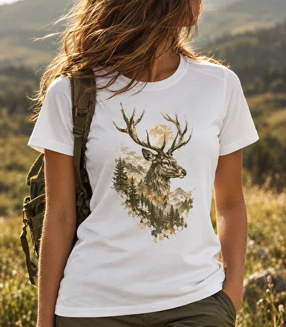 T-shirt blanc avec une tête de cerf détaillée
