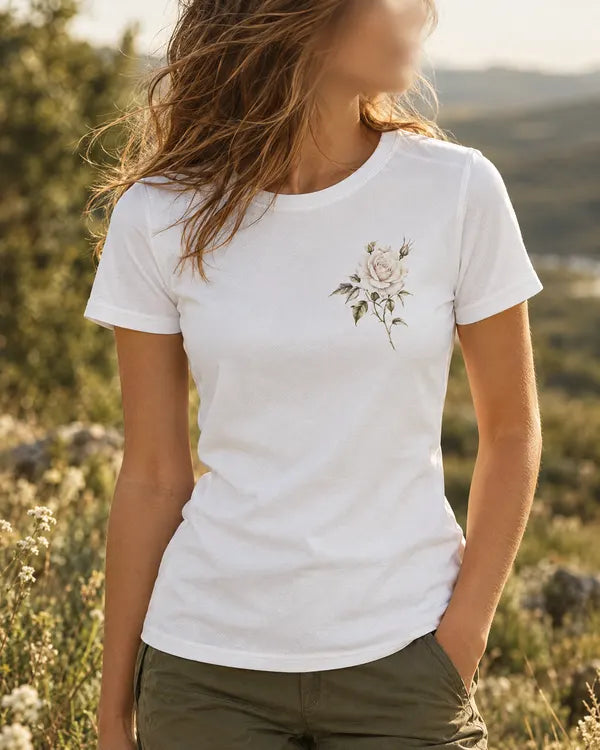 T-shirt blanc, fleur à la ligne fine (artistique)
