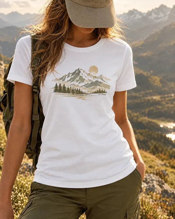 T-shirt blanc, montagne et soleil (minimaliste)